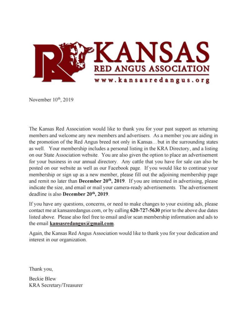 Kansas Red Angus - 2019 Membership Mailer