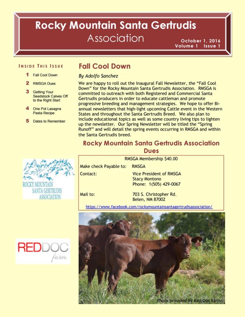 Rocky Mountain Santa Gertrudis Association - Fall 2016 Newsletter